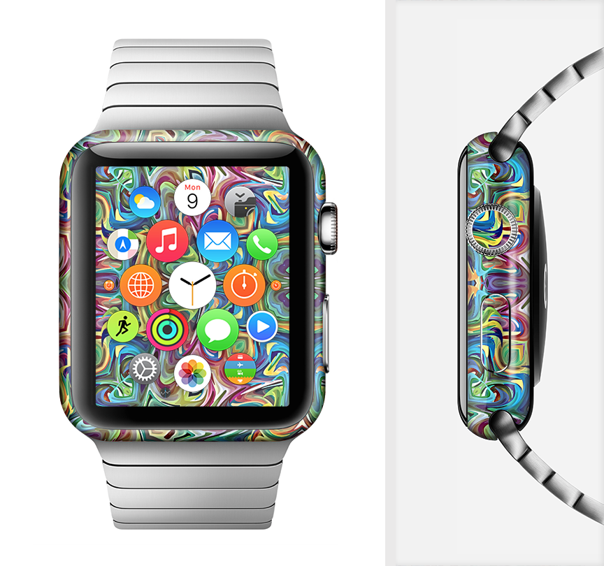 Crazy Neon Mirrored Swirls Full-Body Skin Kit for Apple Watch, showcasing vibrant colors and unique swirls for stylish protection.