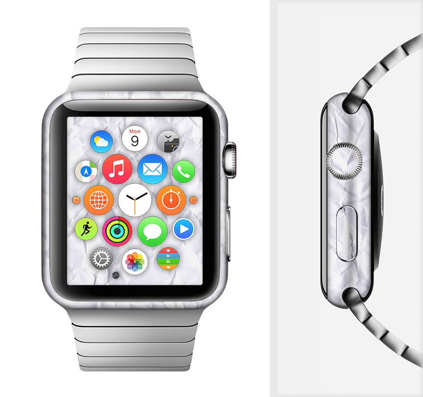 Crumpled White Paper Full-Body Skin Kit for Apple Watch, showcasing its stylish design and premium vinyl material.