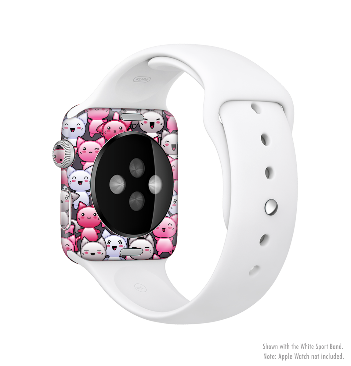 The Cute Abstract Kittens Full-Body Skin Kit for Apple Watch featuring colorful kitten designs on a sleek vinyl surface.