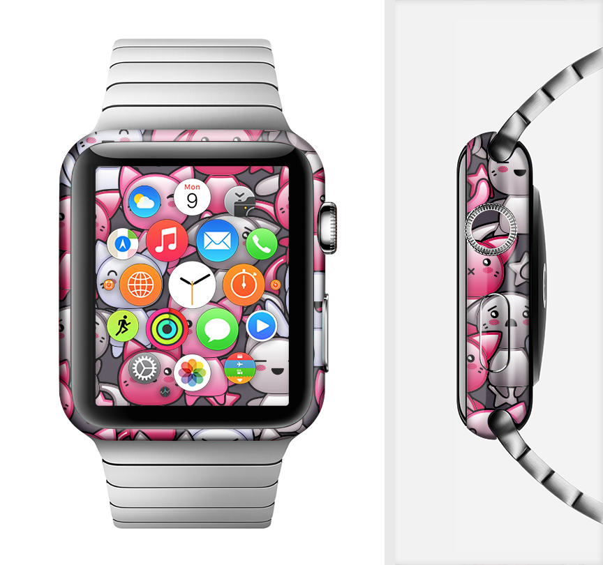 The Cute Abstract Kittens Full-Body Skin Kit for Apple Watch featuring colorful kitten designs on a sleek vinyl surface.