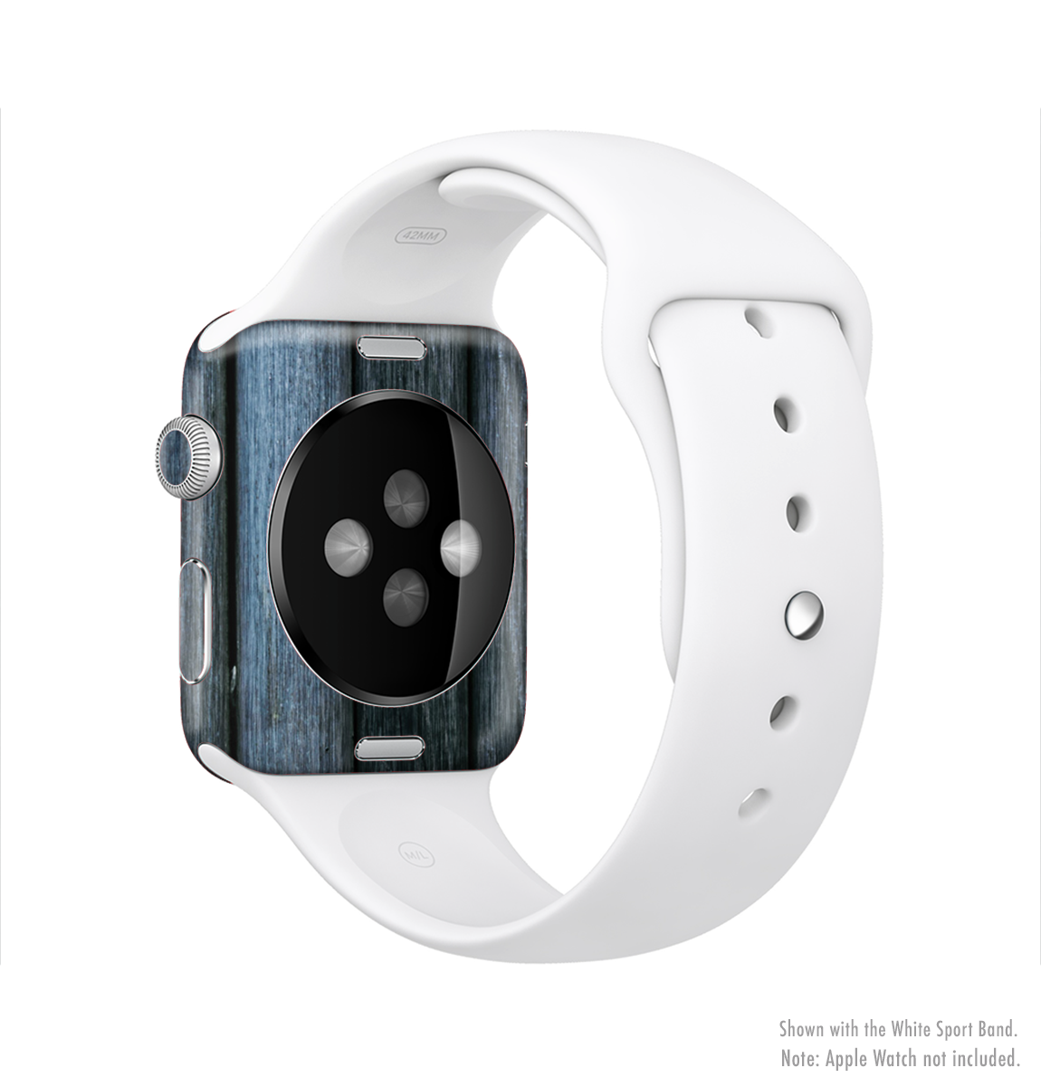 Dark blue washed wood skin kit for Apple Watch, showcasing its stylish design and protective features.