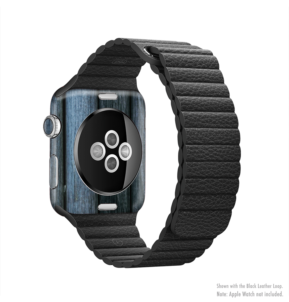 Dark blue washed wood skin kit for Apple Watch, showcasing its stylish design and protective features.