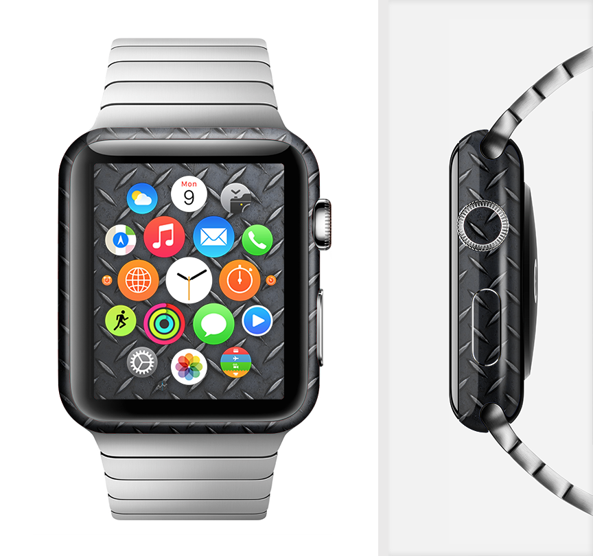 The Dark Diamond Plate Full-Body Skin Kit for Apple Watch, showcasing a sleek design and premium vinyl material.