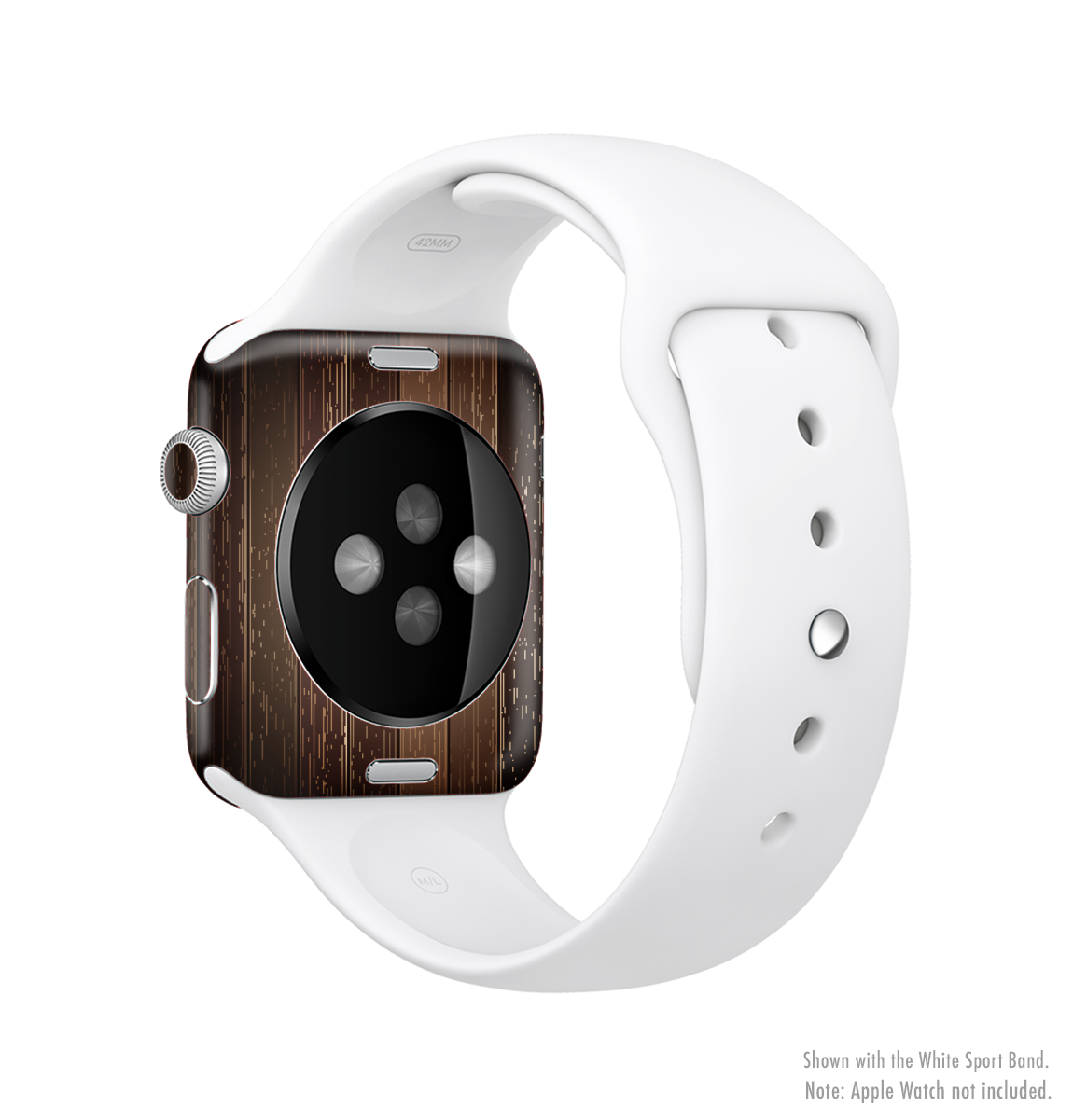 The Dark Wood Texture V5 Full-Body Skin Kit for Apple Watch, showcasing a stylish wood grain design that fits perfectly on the device.