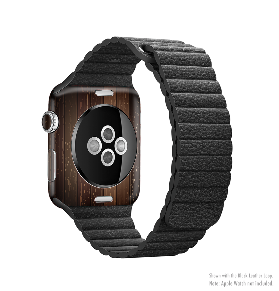 The Dark Wood Texture V5 Full-Body Skin Kit for Apple Watch, showcasing a stylish wood grain design that fits perfectly on the device.