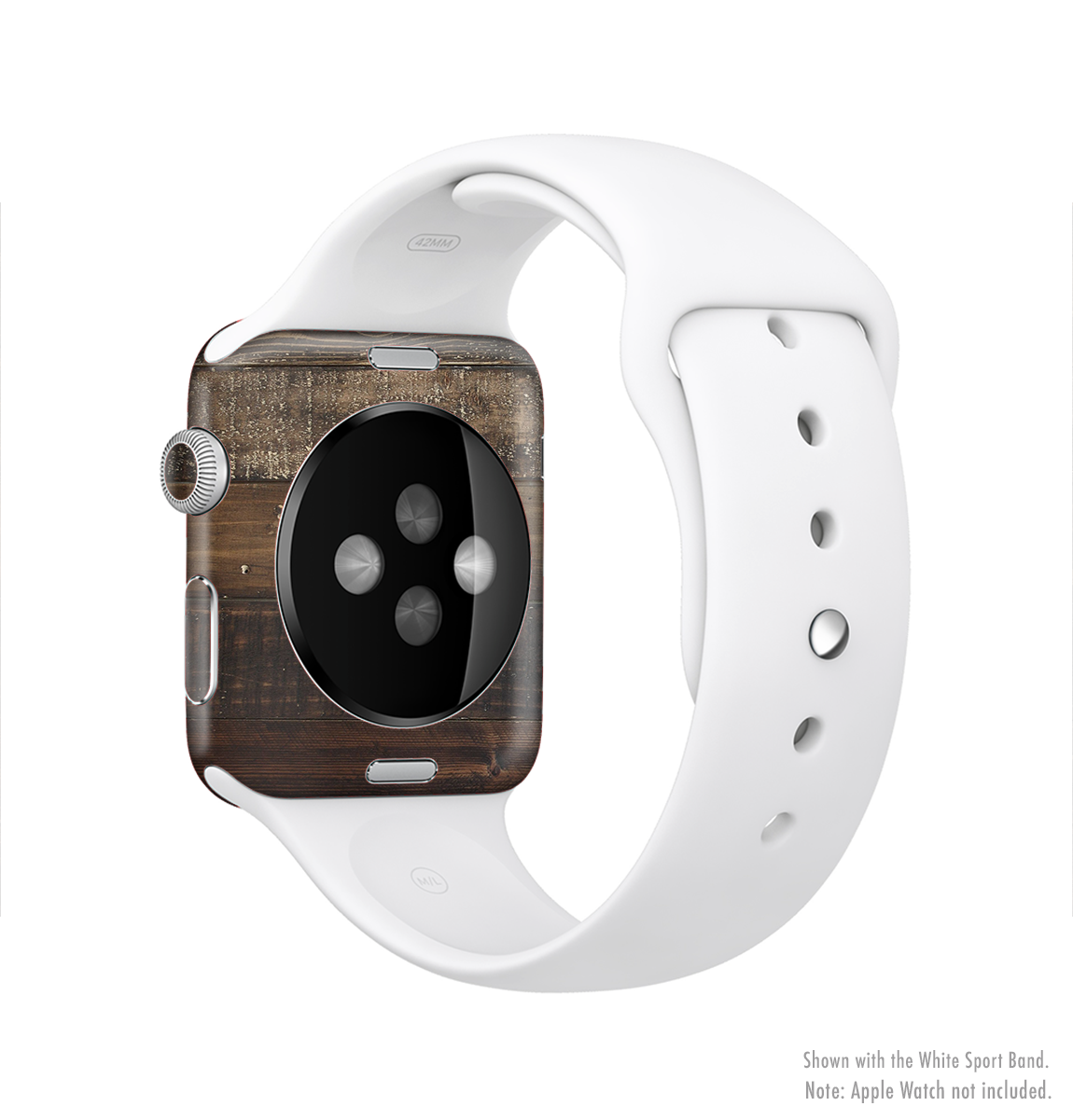 Dark Wooden Worn Planks Full-Body Skin Kit for Apple Watch, showcasing a stylish wooden texture and precise fit.