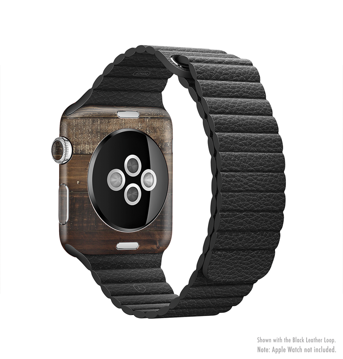 Dark Wooden Worn Planks Full-Body Skin Kit for Apple Watch, showcasing a stylish wooden texture and precise fit.