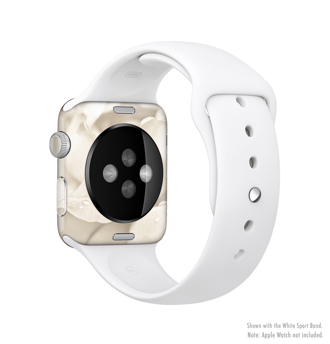 The Drenched White Rose Full-Body Skin Kit for Apple Watch featuring a beautiful floral design on premium vinyl.