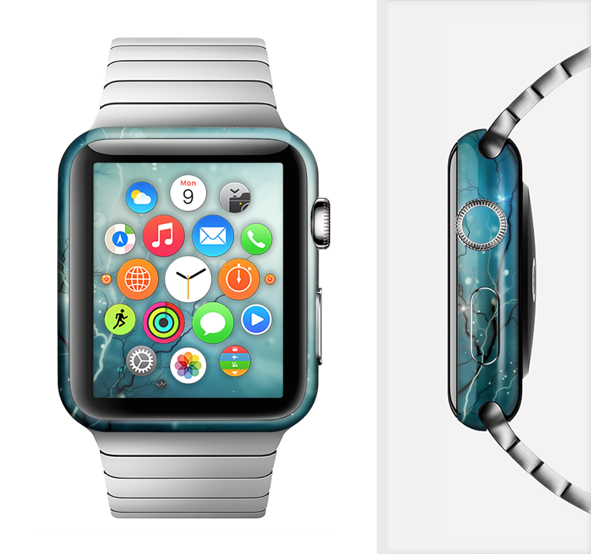 Electric Teal Volts Full-Body Skin Kit for Apple Watch, showcasing vibrant color and sleek design.