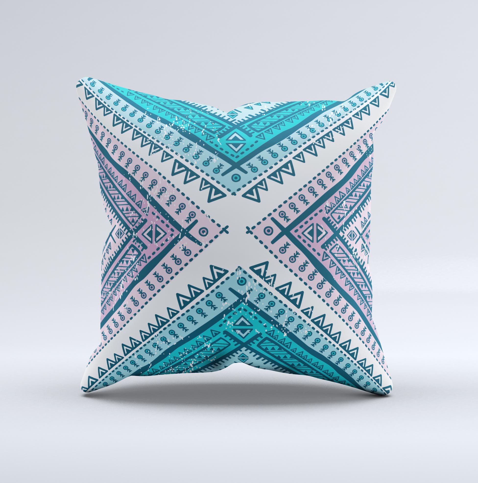 Ethnic Aztec Blue and Pink Point ink-Fuzed Decorative Throw Pillow showcasing vibrant colors and intricate design, handmade in Virginia.