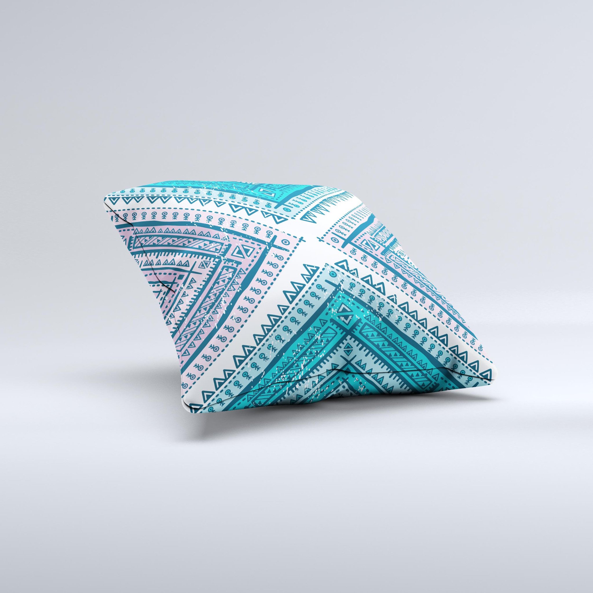 Ethnic Aztec Blue and Pink Point ink-Fuzed Decorative Throw Pillow showcasing vibrant colors and intricate design, handmade in Virginia.