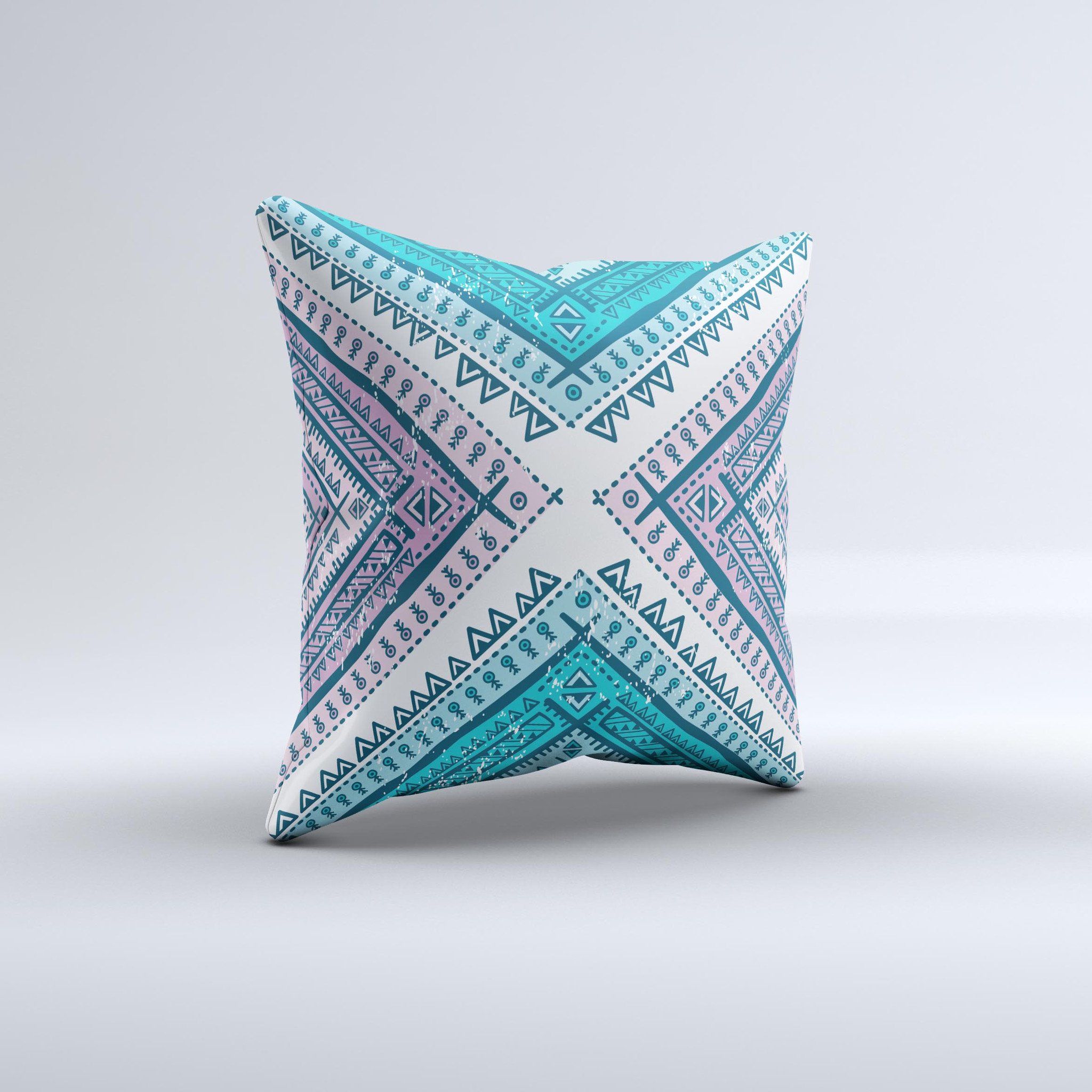 Ethnic Aztec Blue and Pink Point ink-Fuzed Decorative Throw Pillow showcasing vibrant colors and intricate design, handmade in Virginia.