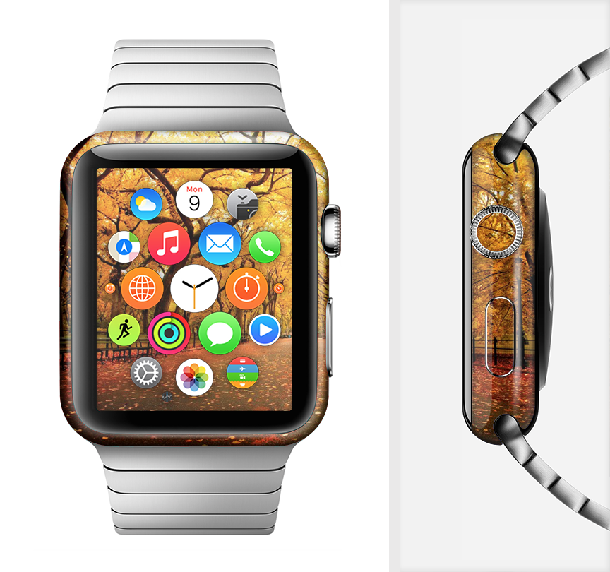 The Fall Back Road Full-Body Skin Kit for Apple Watch showcasing its sleek design and premium vinyl material.