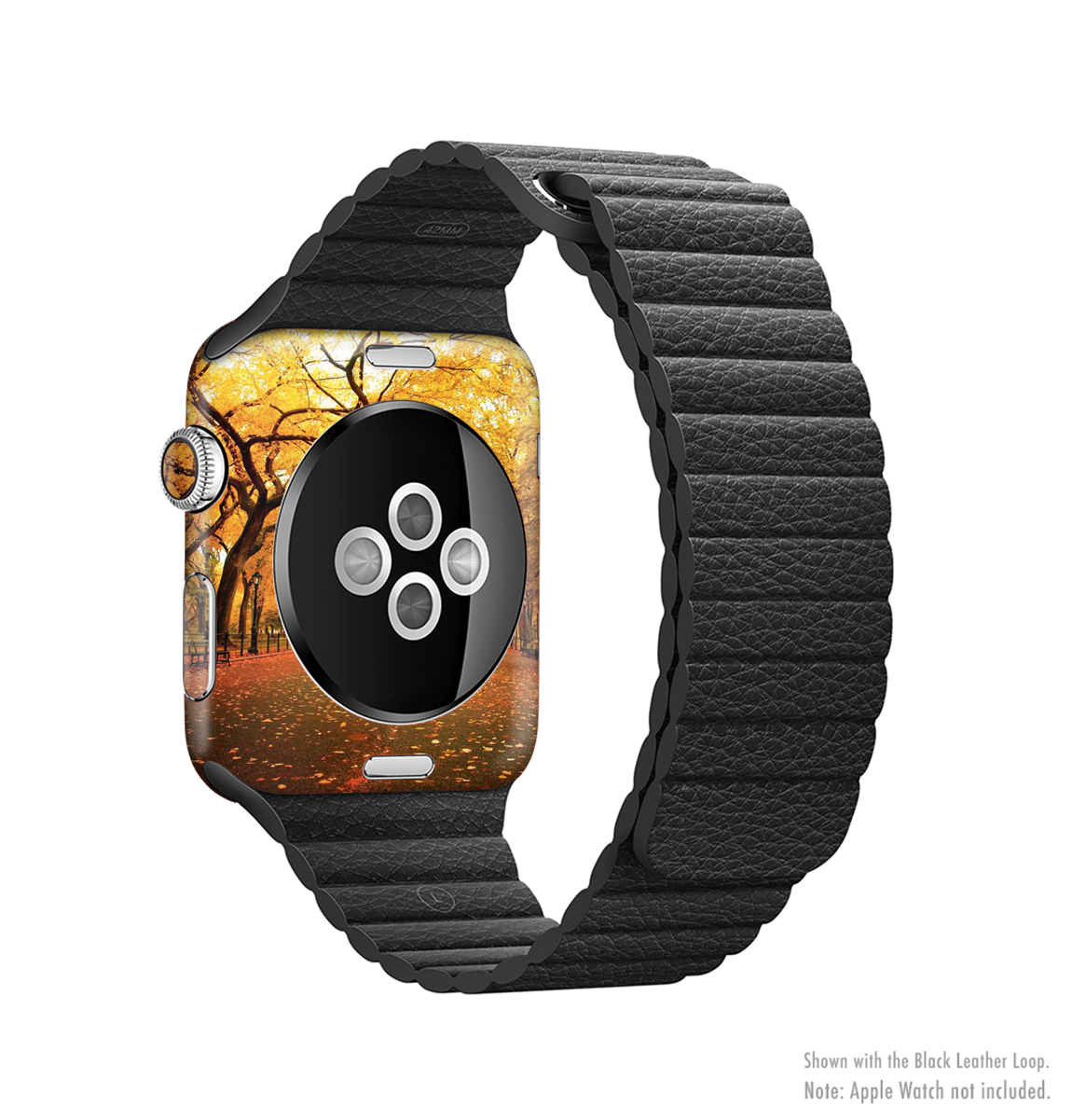 The Fall Back Road Full-Body Skin Kit for Apple Watch showcasing its sleek design and premium vinyl material.