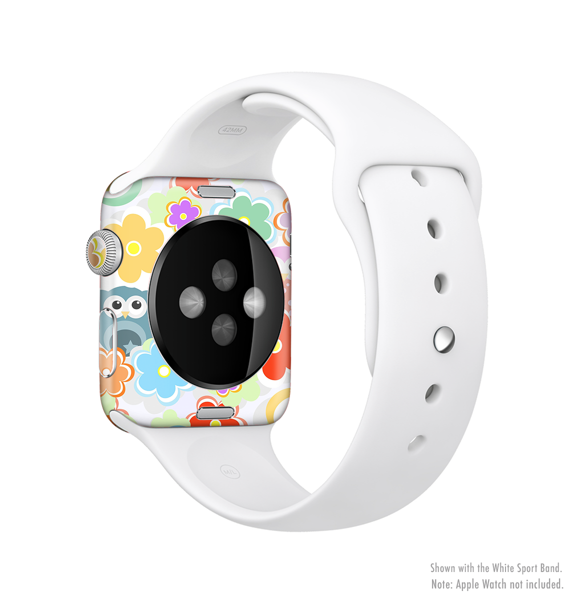 Colorful cartoon owl design skin for Apple Watch, showcasing vibrant colors and a fun pattern.