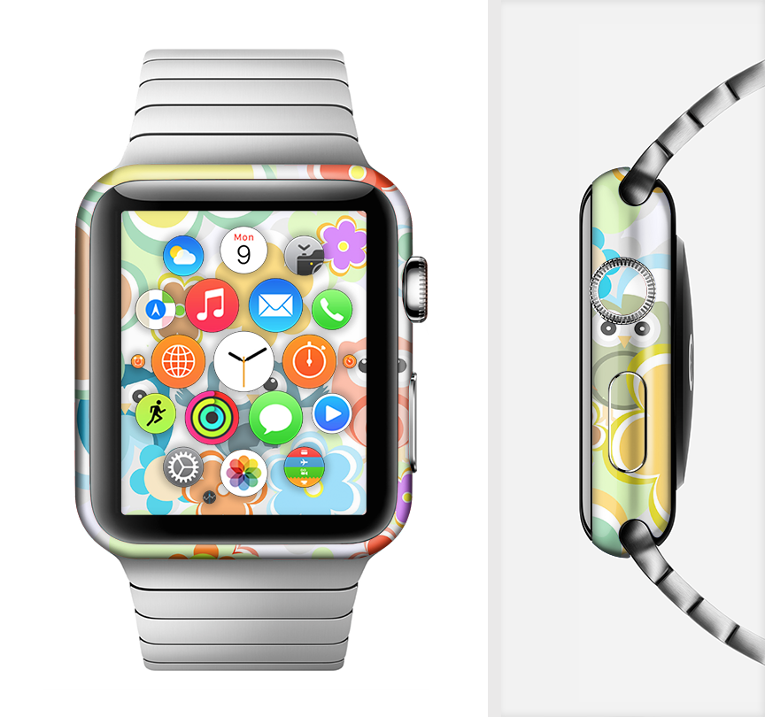 Colorful cartoon owl design skin for Apple Watch, showcasing vibrant colors and a fun pattern.