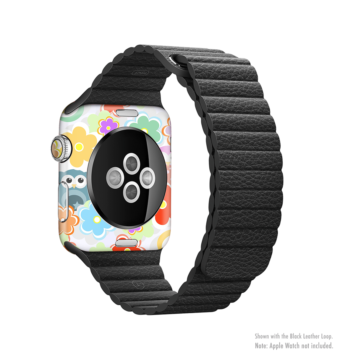 Colorful cartoon owl design skin for Apple Watch, showcasing vibrant colors and a fun pattern.