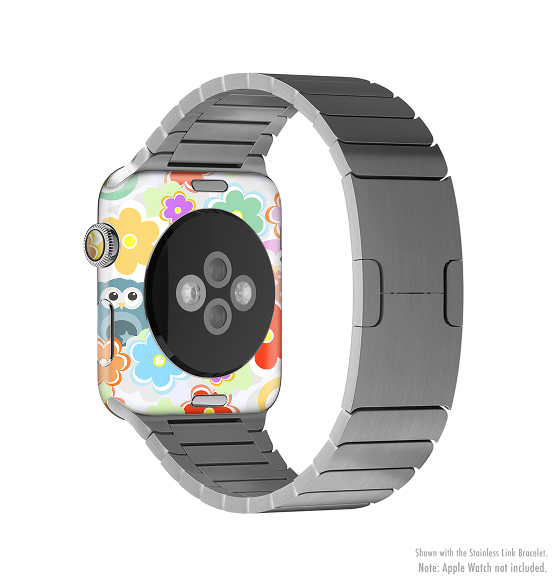 Colorful cartoon owl design skin for Apple Watch, showcasing vibrant colors and a fun pattern.