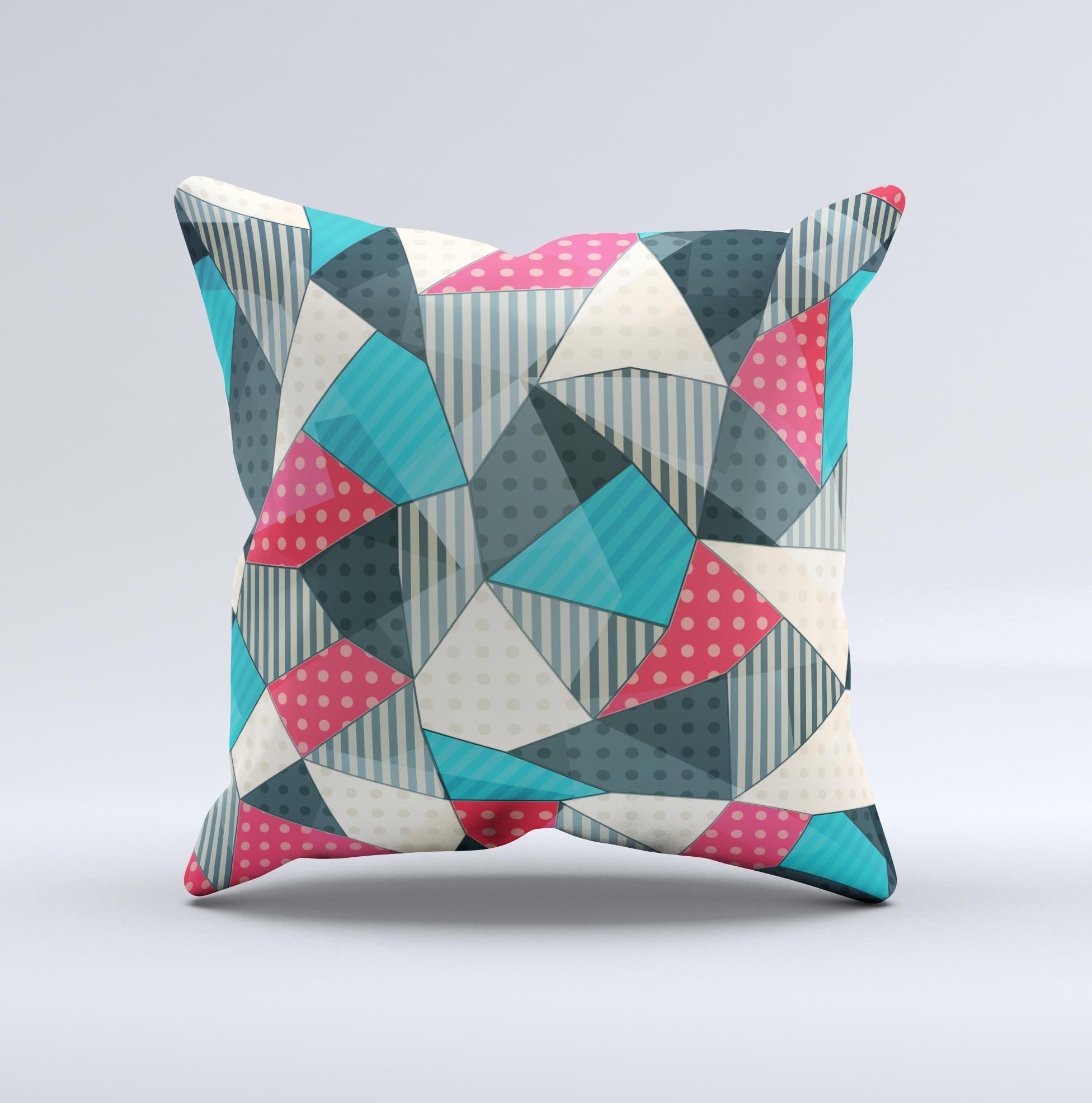 Handcrafted Geometry and Polkadots ink-Fuzed Decorative Throw Pillow featuring vibrant colors and unique patterns, made in Virginia.