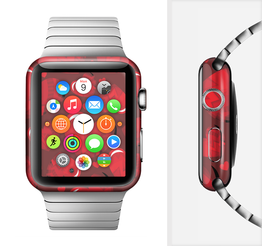 The Glossy Electric Hearts Full-Body Skin Kit for Apple Watch showcasing vibrant heart designs on a sleek vinyl surface.