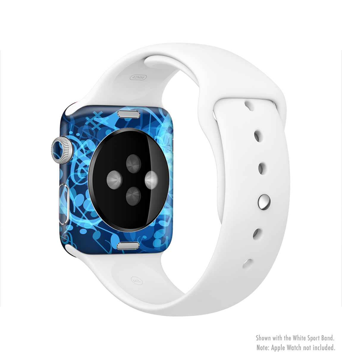 Glowing Blue Music Notes Full-Body Skin Kit for Apple Watch, showcasing vibrant design and premium vinyl material.