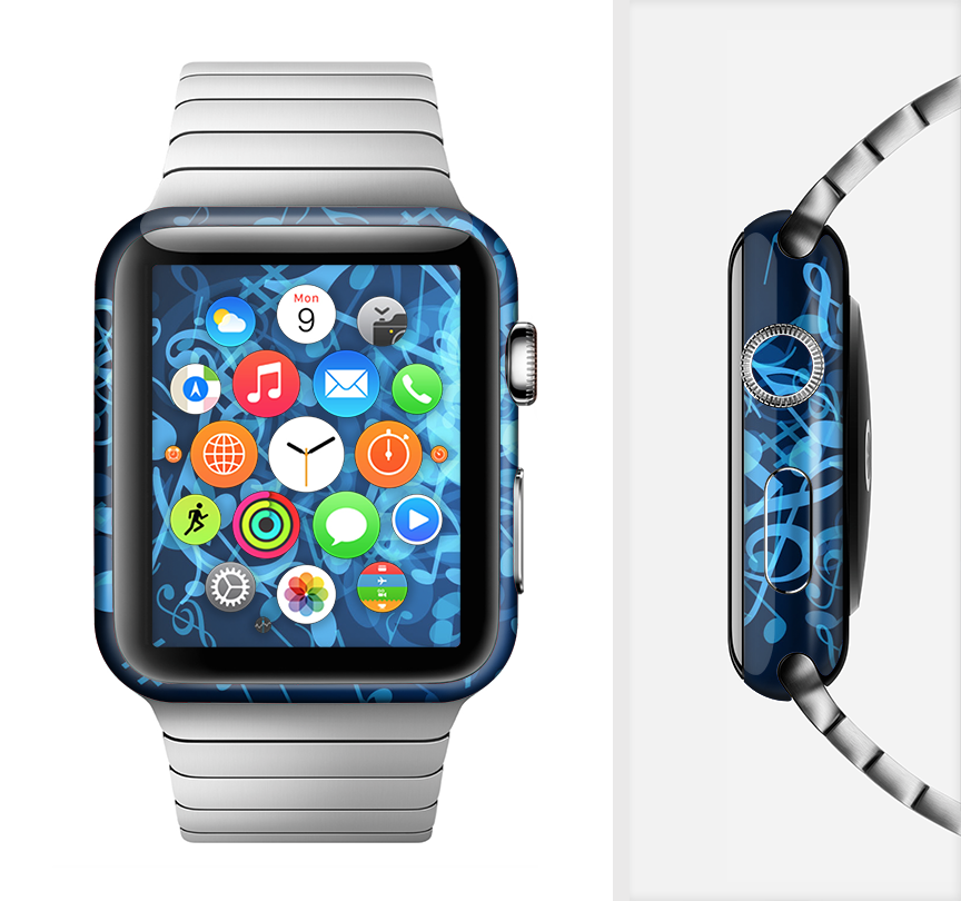 Glowing Blue Music Notes Full-Body Skin Kit for Apple Watch, showcasing vibrant design and premium vinyl material.