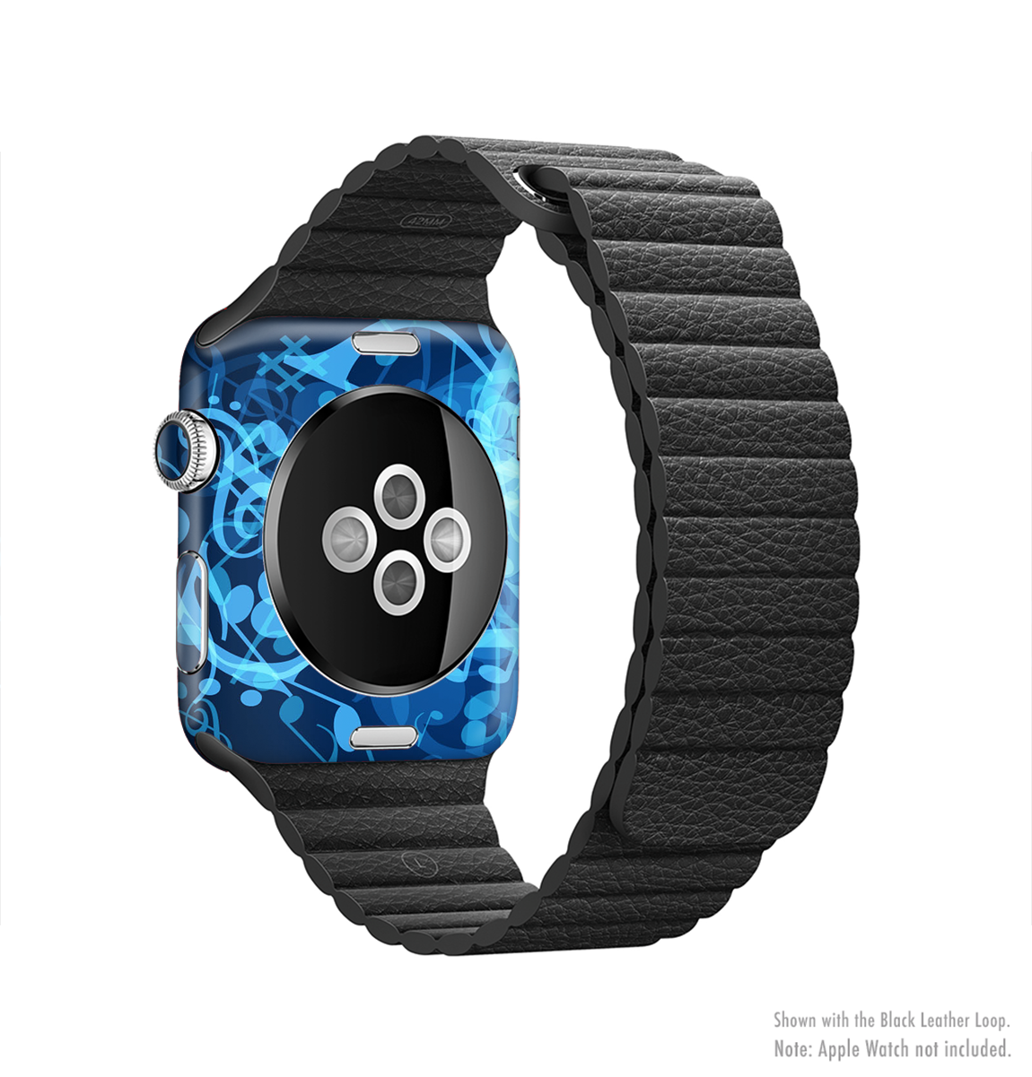 Glowing Blue Music Notes Full-Body Skin Kit for Apple Watch, showcasing vibrant design and premium vinyl material.