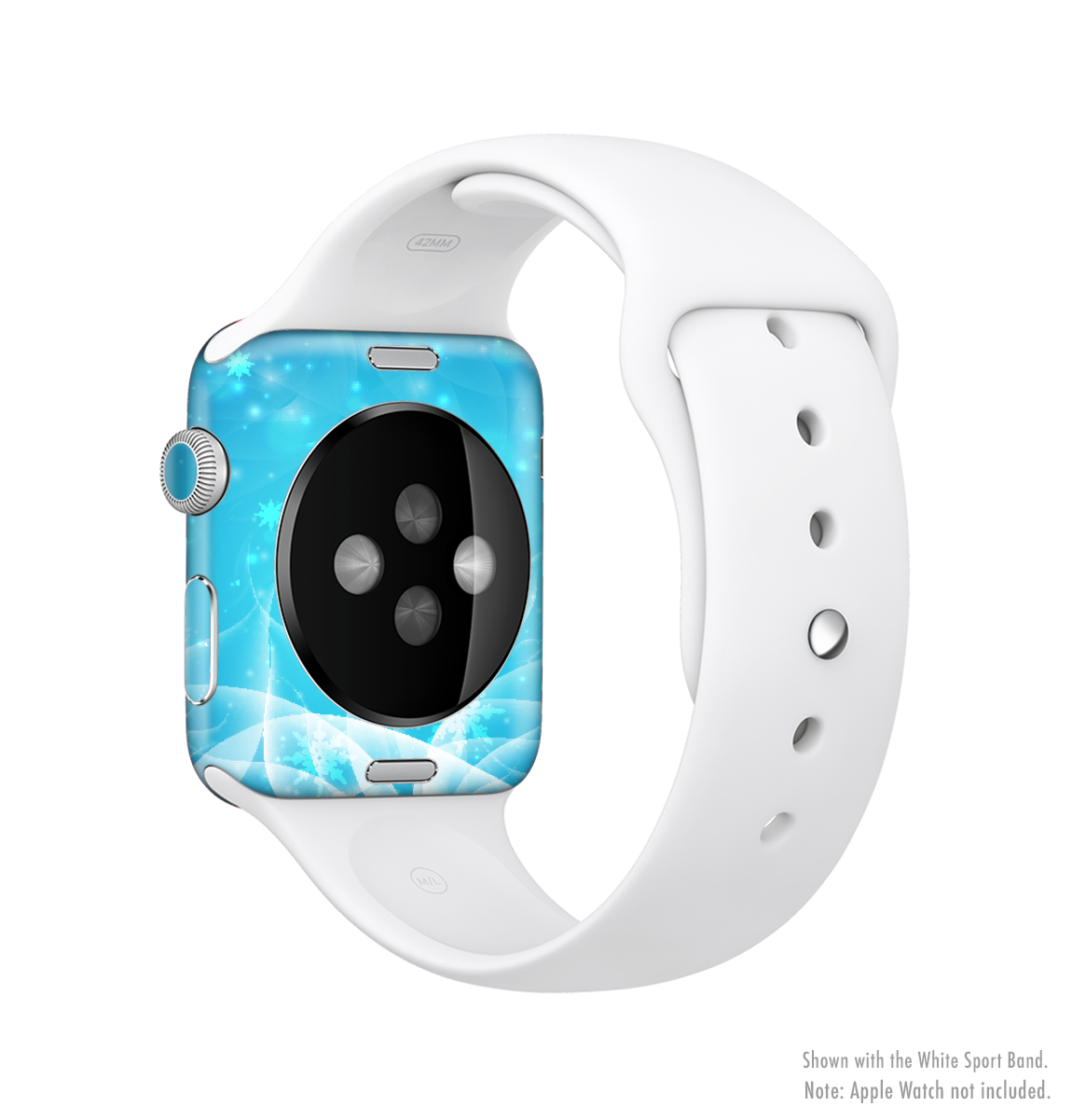 Glowing White Snowfall Full-Body Skin Kit for Apple Watch, showcasing its elegant design and premium vinyl material.