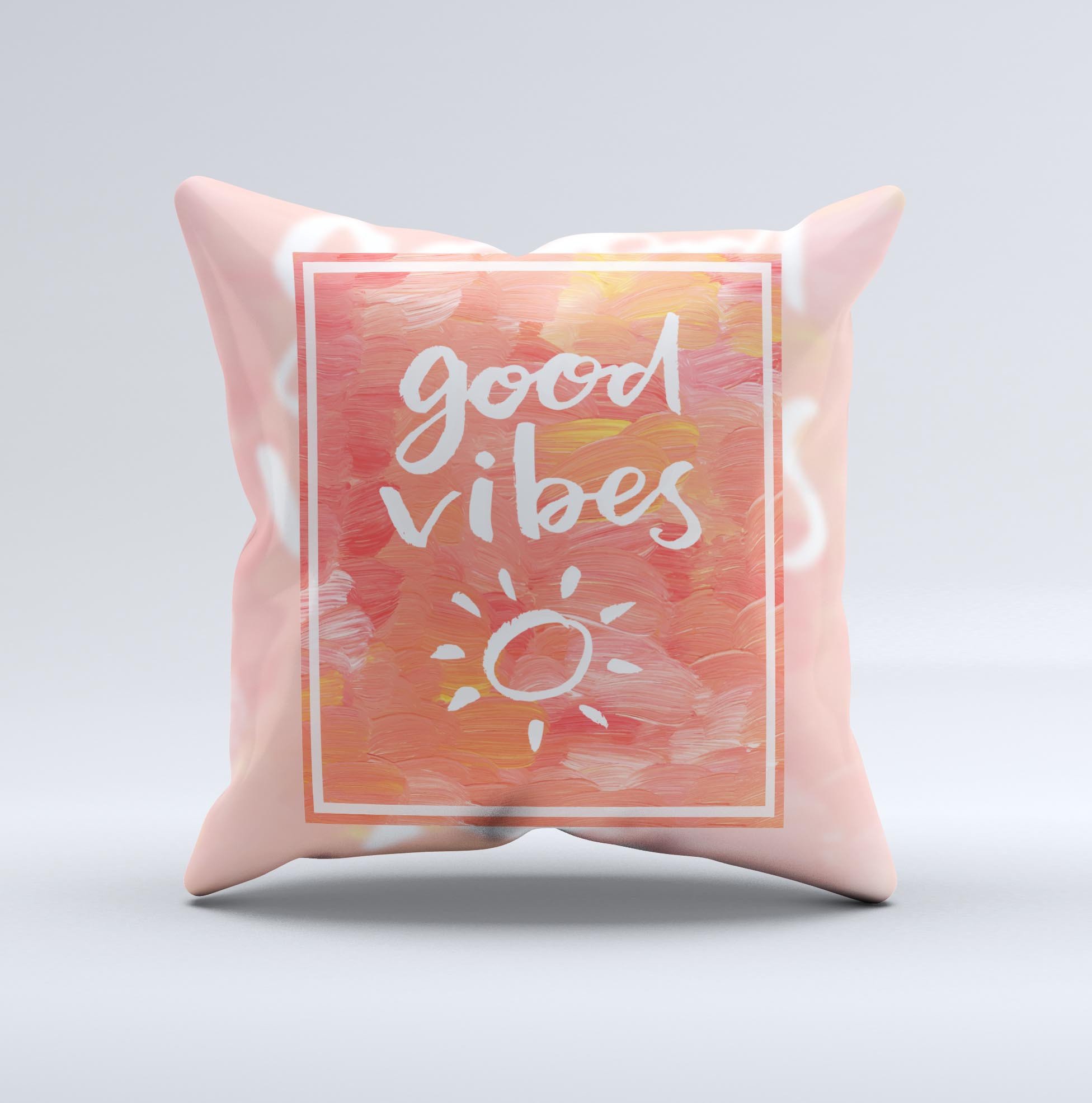 Good Vibes ink-Fuzed Decorative Throw Pillow featuring unique hand-produced graphics, crafted in Virginia with high thread count fabric.