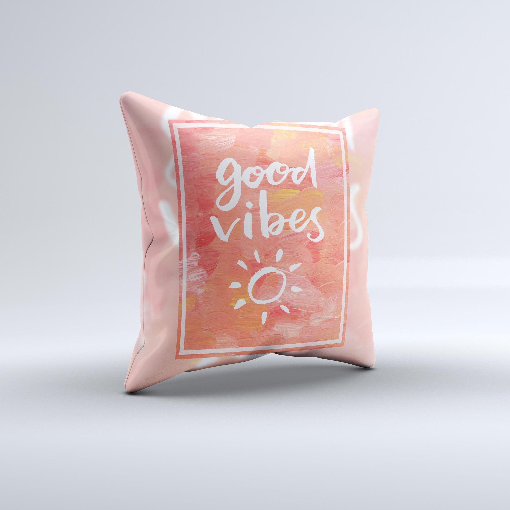 Good Vibes ink-Fuzed Decorative Throw Pillow featuring unique hand-produced graphics, crafted in Virginia with high thread count fabric.