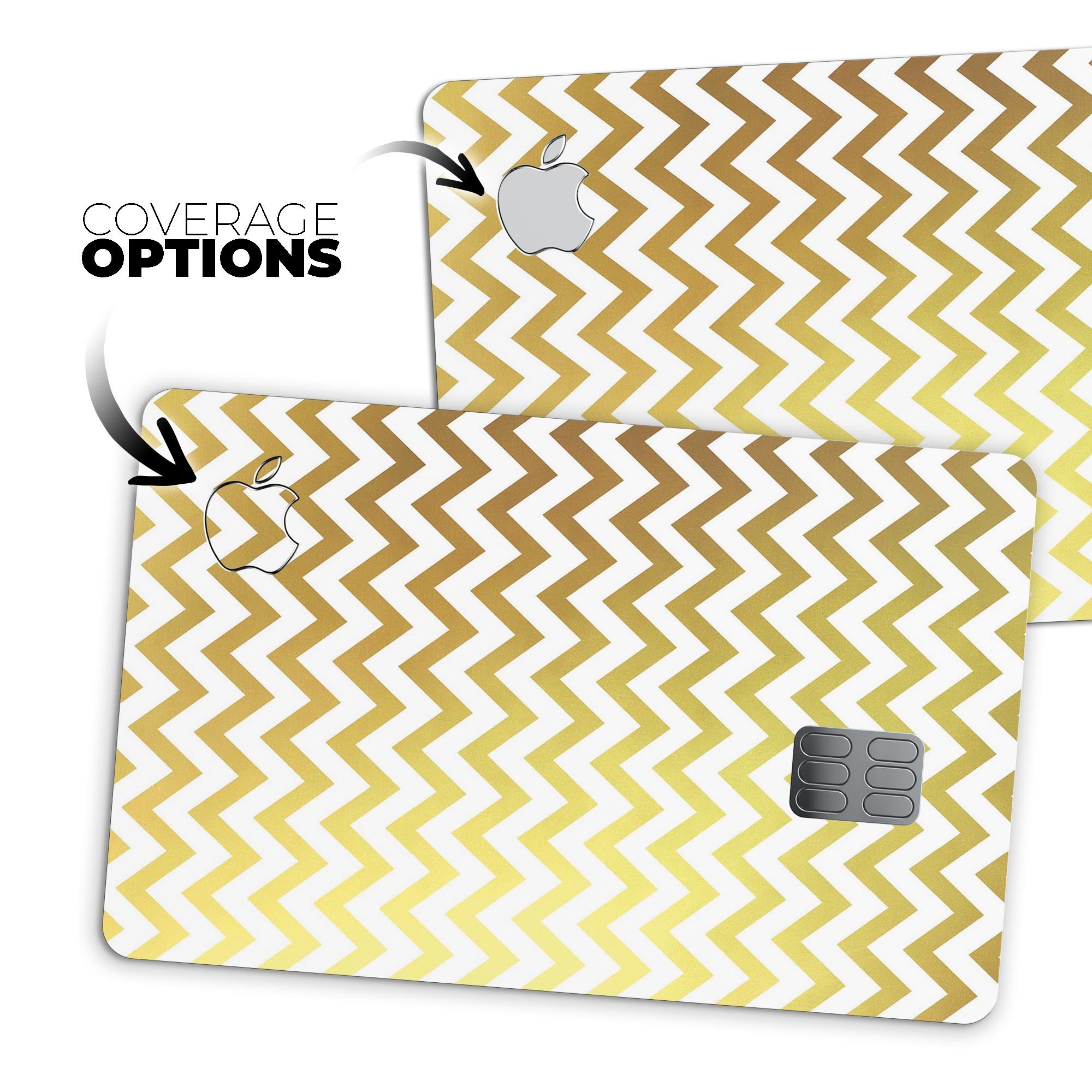 Gold and white chevron pattern protective decal skin for Apple Card, showcasing its stylish design and premium quality.