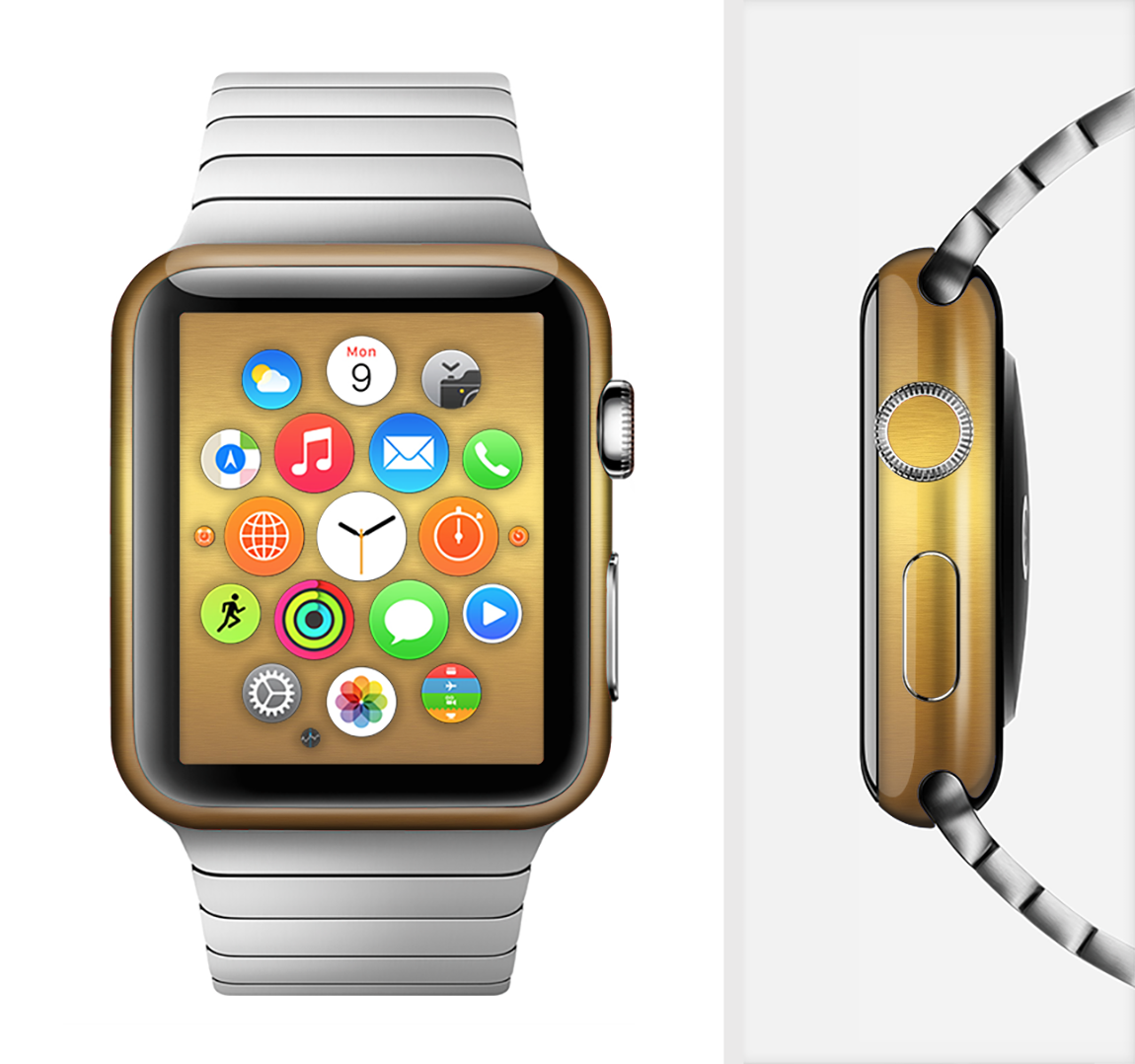 Gold Shimmer Surface Full-Body Skin Kit for Apple Watch, showcasing its elegant design and premium vinyl material.