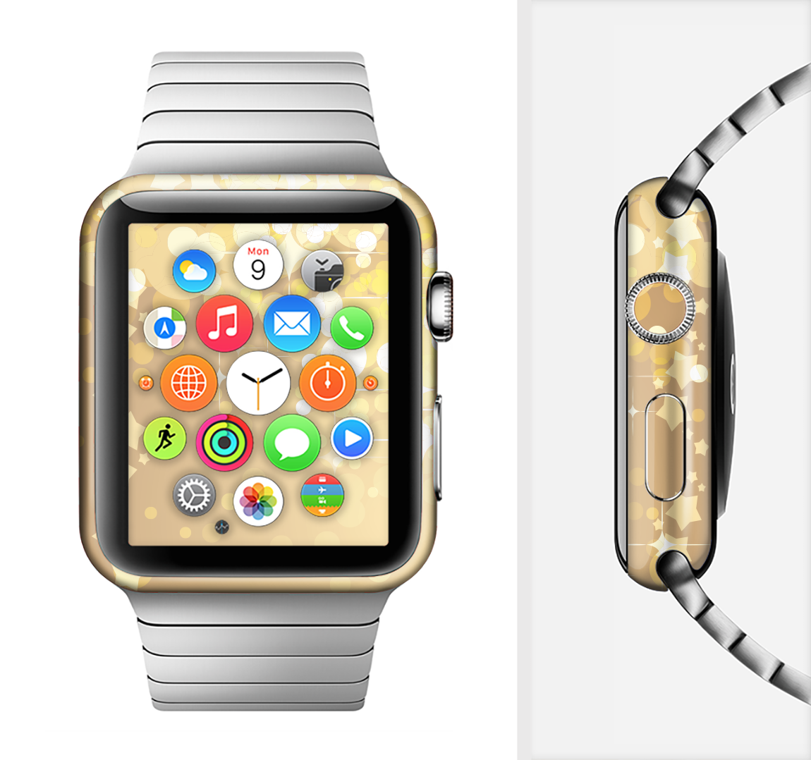 Gold Unfocused Sparkles Full-Body Skin Kit for Apple Watch, showcasing a stylish design with shimmering sparkles.