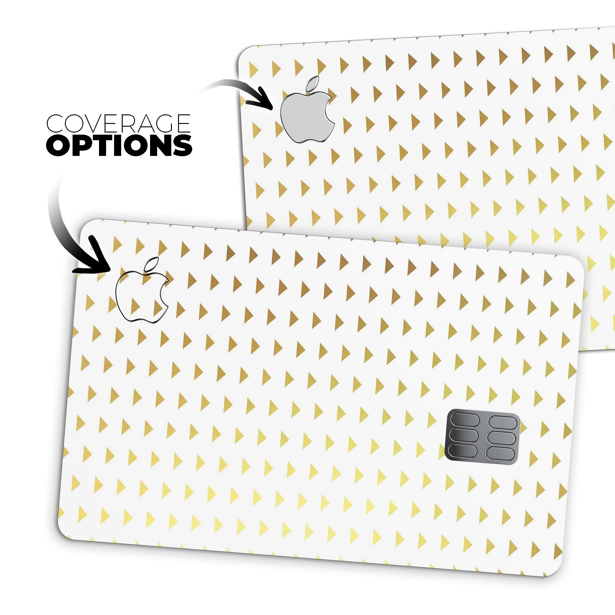 The Golden Downward Arrow Pattern decal skin for Apple Card, showcasing a stylish design and premium vinyl material.