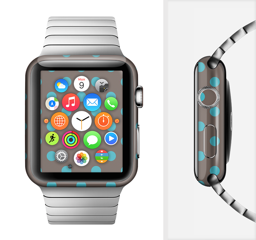 Gray and blue polka dot skin kit for Apple Watch, showcasing its stylish design and premium vinyl material.