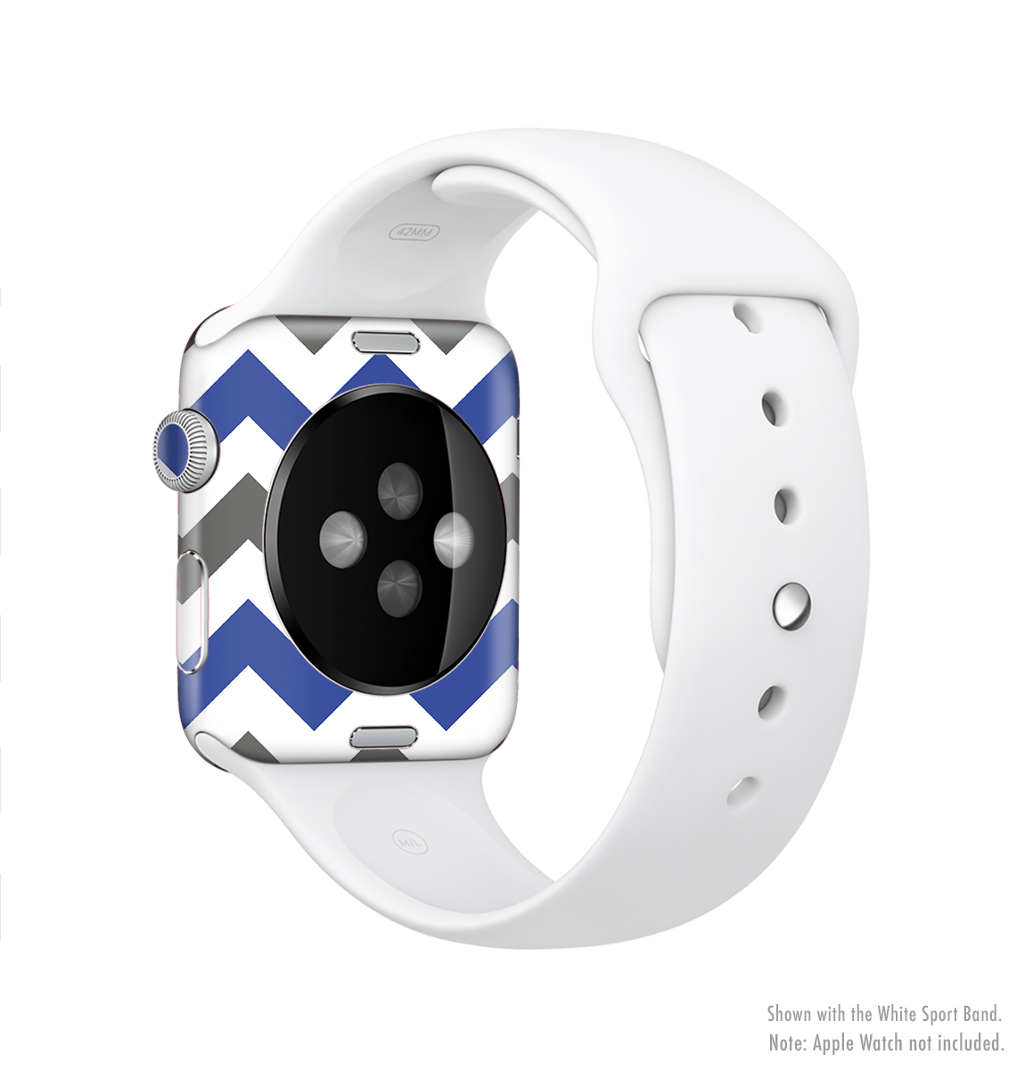 Gray and navy blue chevron skin kit for Apple Watch, showcasing its stylish design and premium vinyl material.