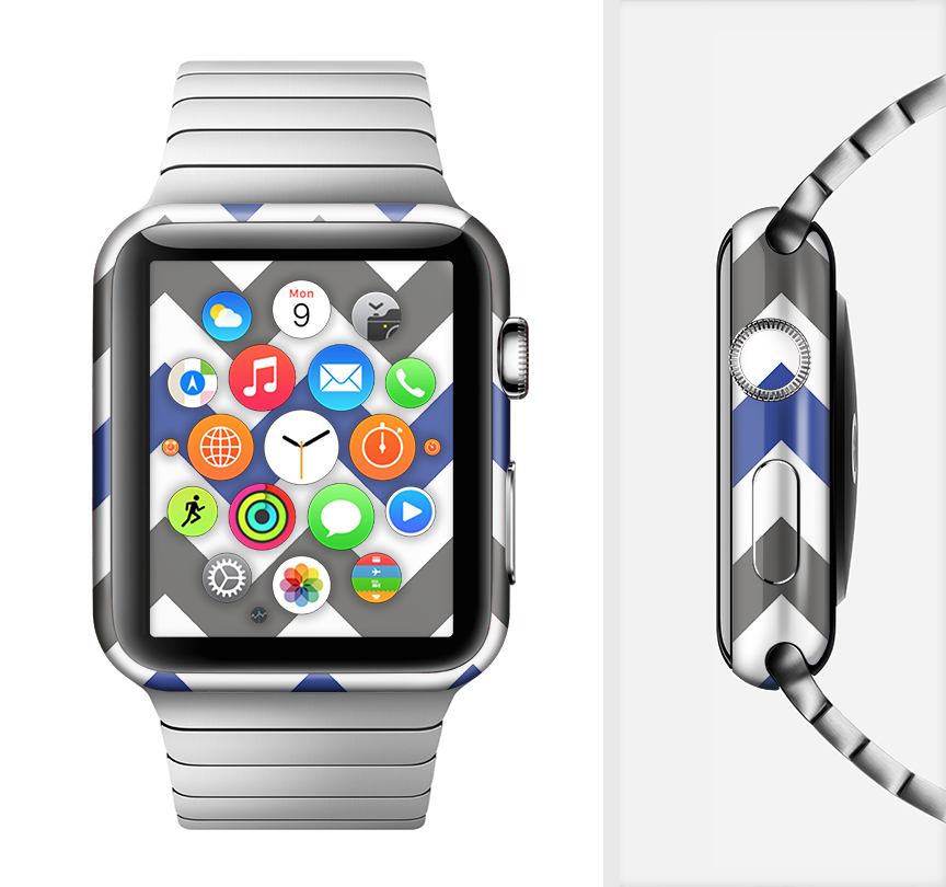 Gray and navy blue chevron skin kit for Apple Watch, showcasing its stylish design and premium vinyl material.