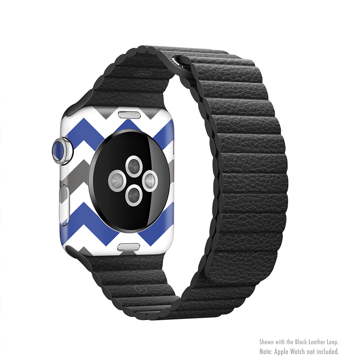 Gray and navy blue chevron skin kit for Apple Watch, showcasing its stylish design and premium vinyl material.