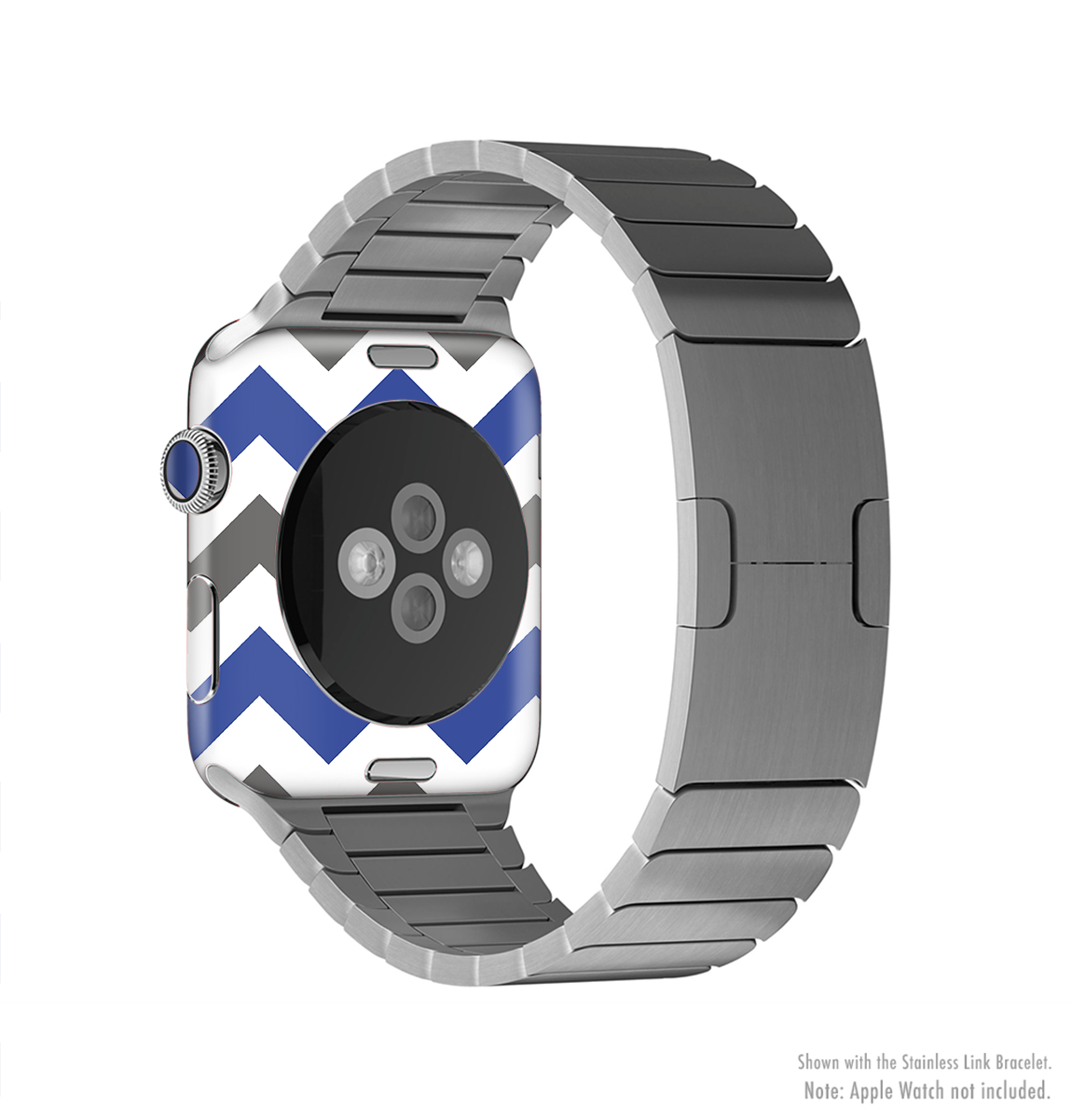 Gray and navy blue chevron skin kit for Apple Watch, showcasing its stylish design and premium vinyl material.