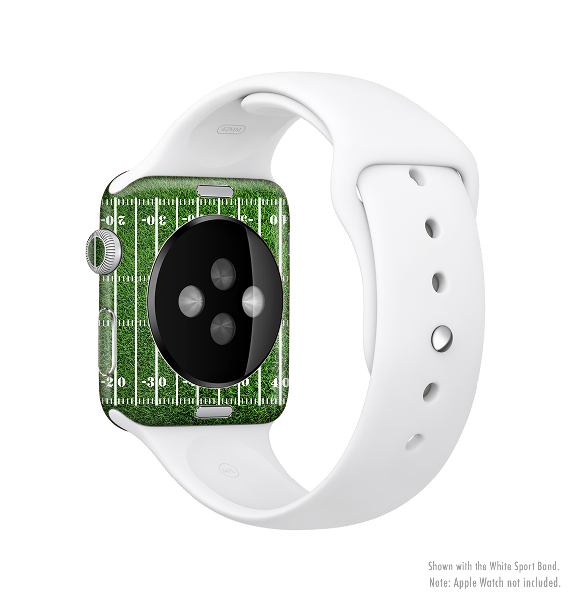 The Green Turf Football Field Skin Kit for Apple Watch, showcasing a vibrant green turf design that fits snugly on the device.