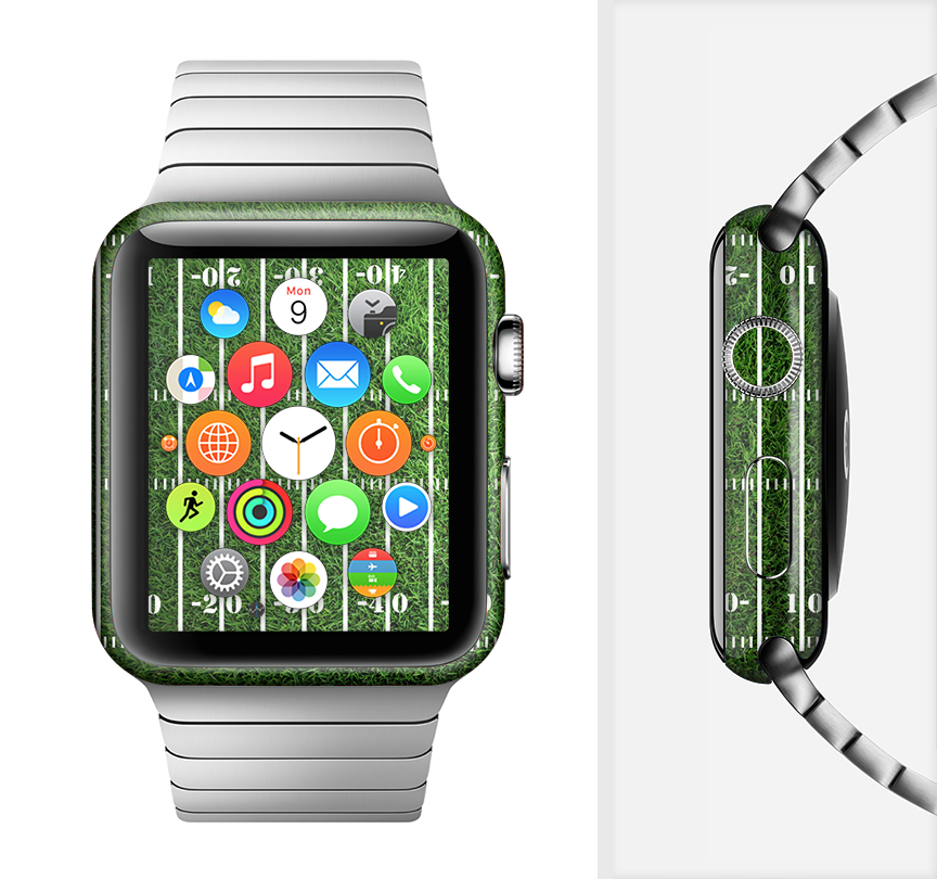 The Green Turf Football Field Skin Kit for Apple Watch, showcasing a vibrant green turf design that fits snugly on the device.