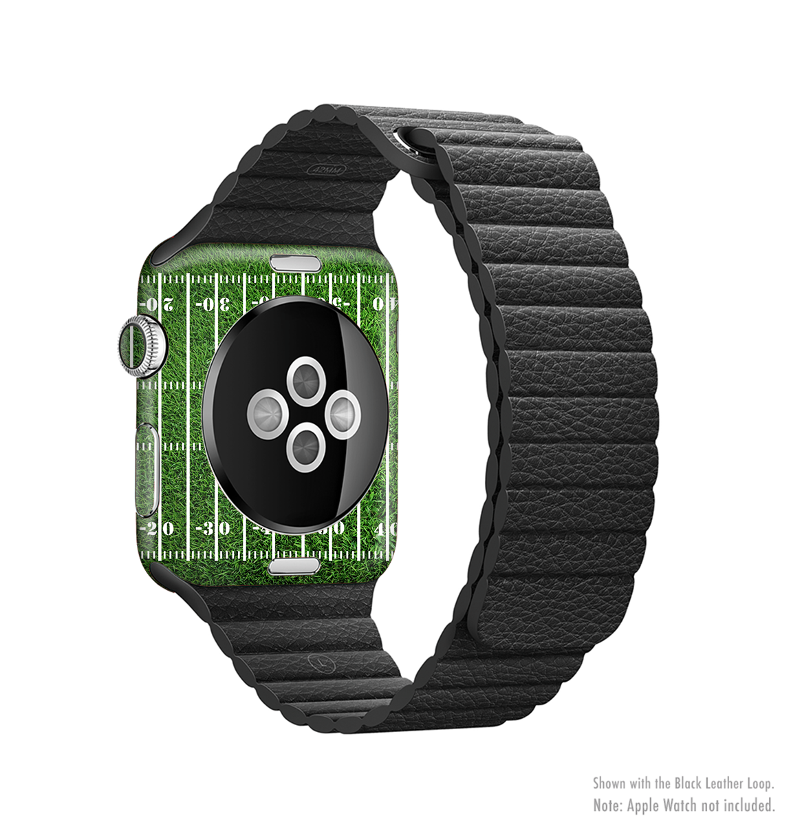 The Green Turf Football Field Skin Kit for Apple Watch, showcasing a vibrant green turf design that fits snugly on the device.