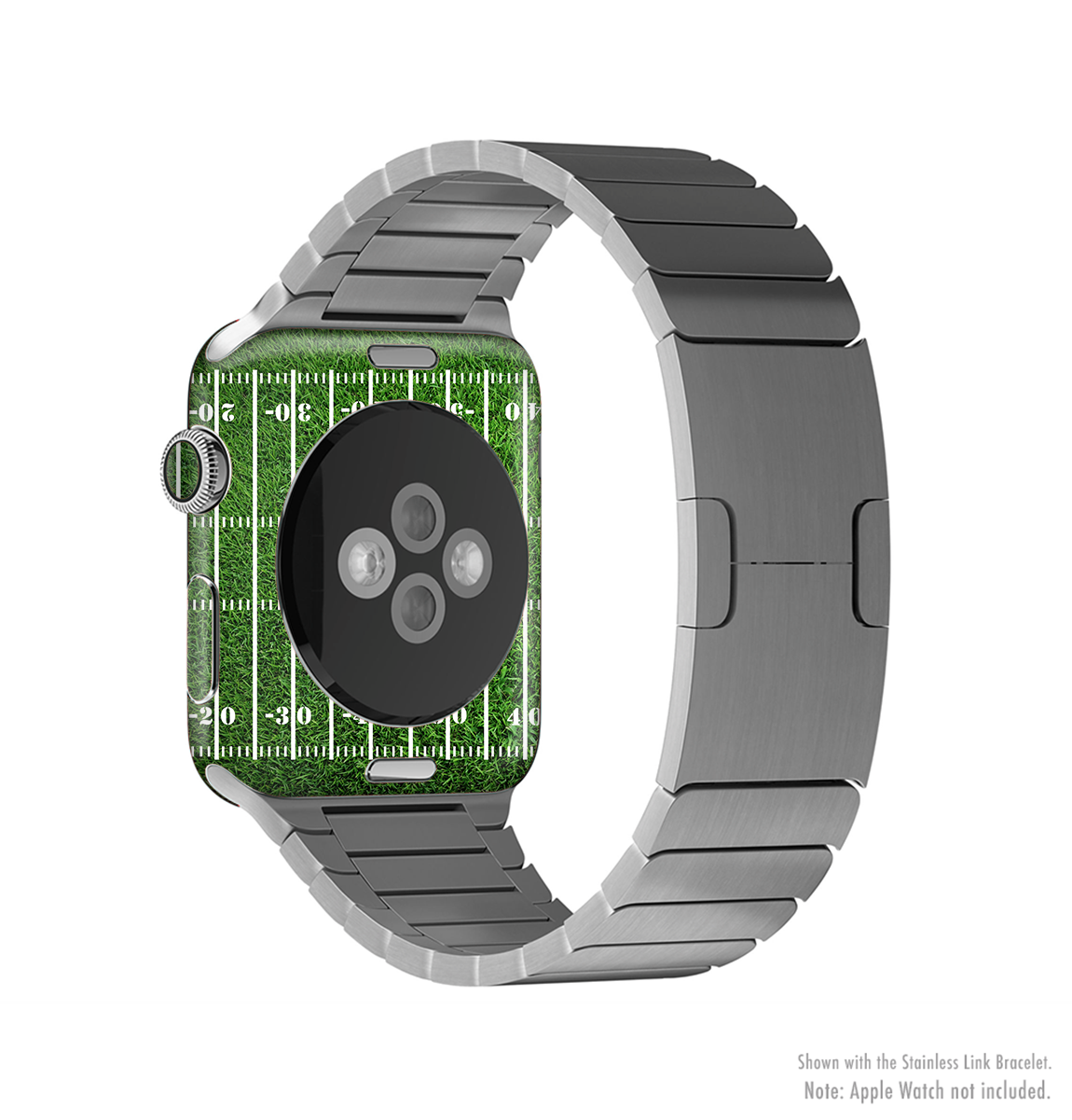 The Green Turf Football Field Skin Kit for Apple Watch, showcasing a vibrant green turf design that fits snugly on the device.