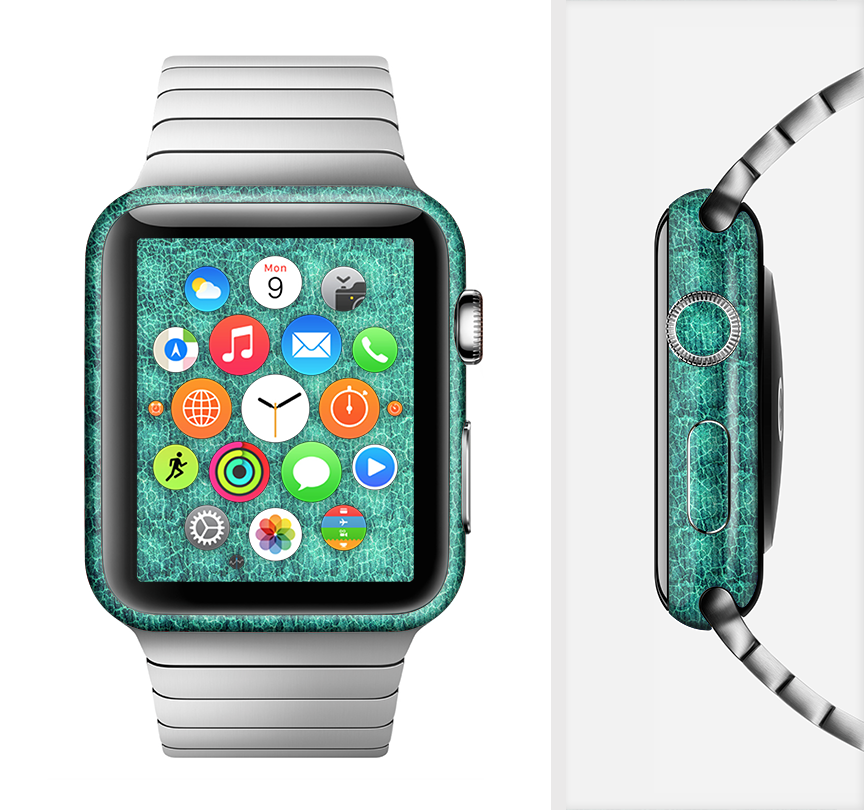 The Green Wavy Abstract Pattern Full-Body Skin Kit for Apple Watch, showcasing vibrant green waves on a sleek vinyl surface.