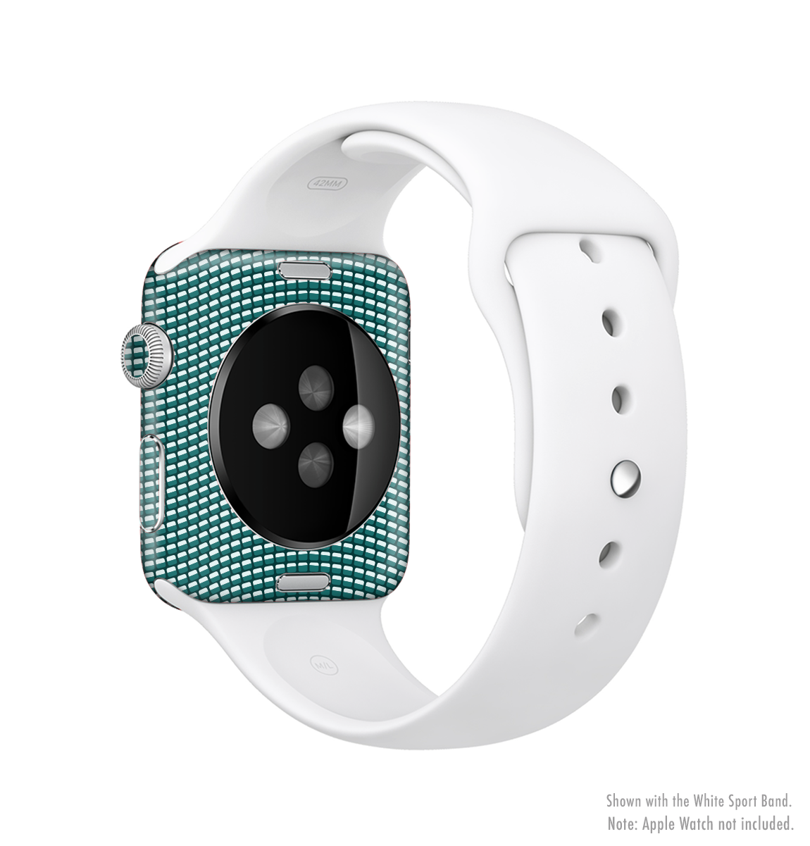 Green and white wavy squares skin kit for Apple Watch, showcasing its stylish design and full-body coverage.