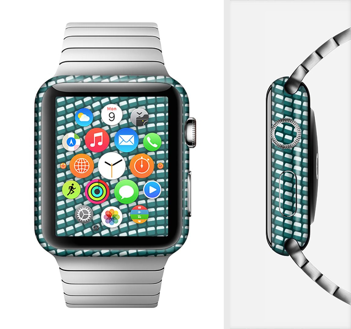 Green and white wavy squares skin kit for Apple Watch, showcasing its stylish design and full-body coverage.