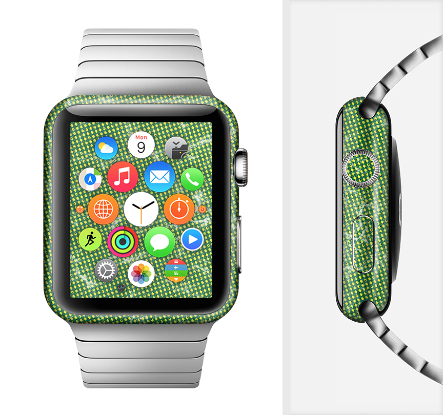 Green and yellow mesh full-body skin kit for Apple Watch, showcasing vibrant colors and premium vinyl material.