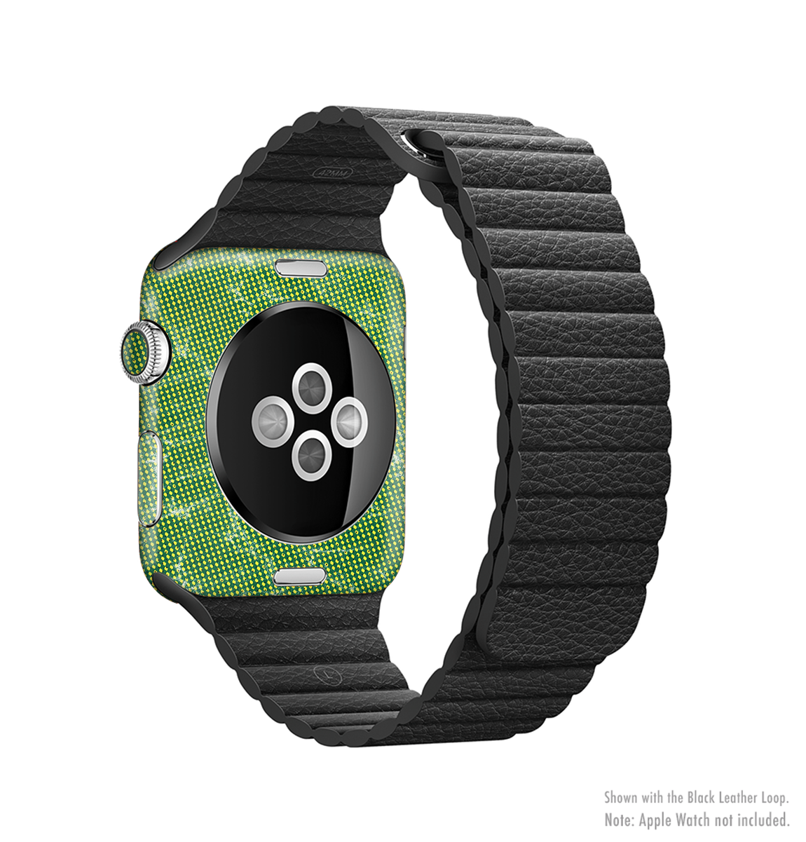 Green and yellow mesh full-body skin kit for Apple Watch, showcasing vibrant colors and premium vinyl material.