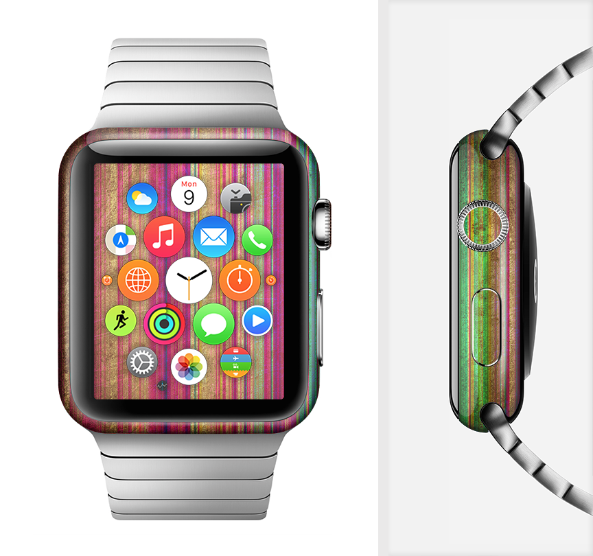 Grunge Thin Vibrant Strips Full-Body Skin Kit for Apple Watch, showcasing vibrant designs and a sleek fit.