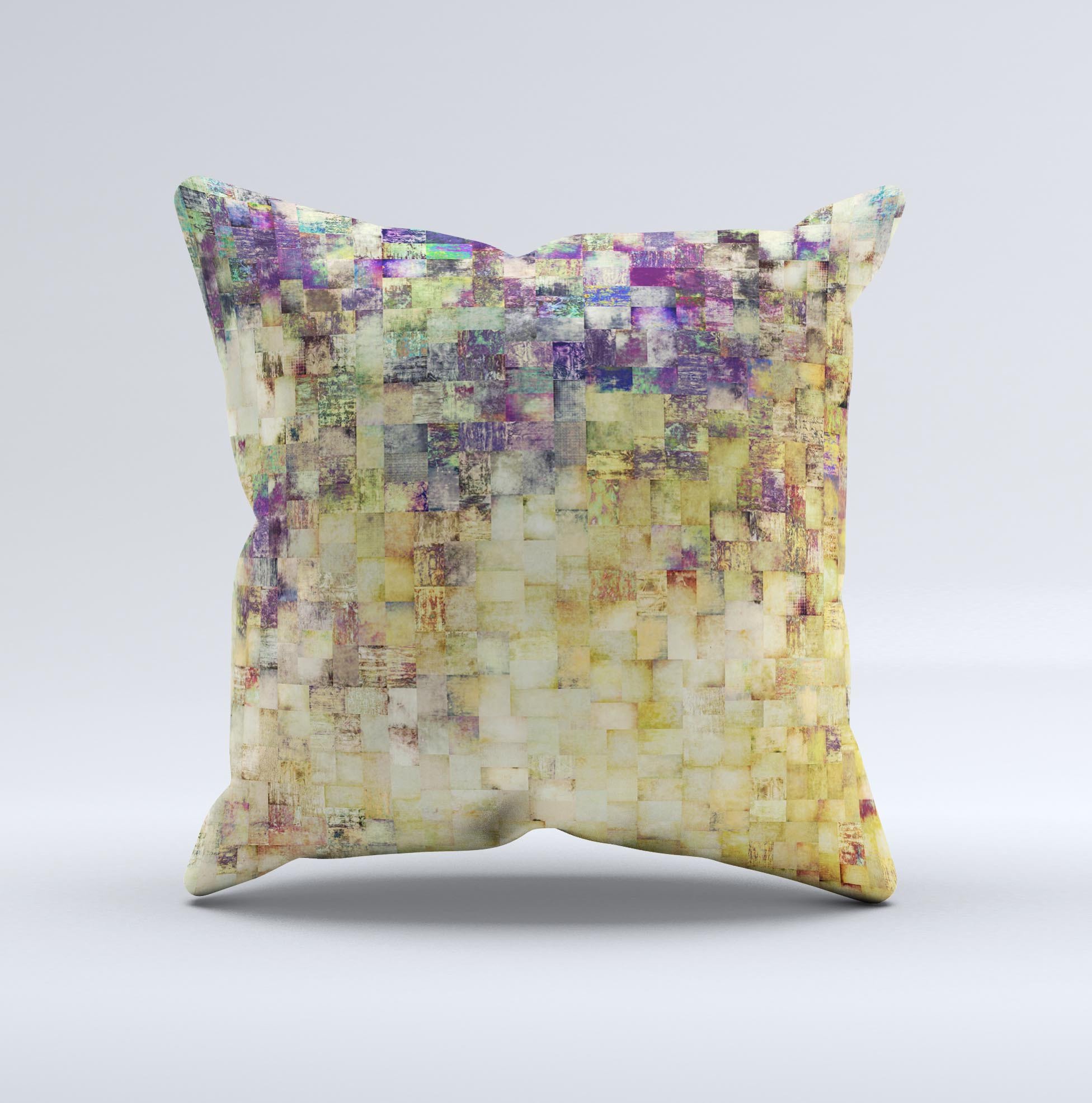 A handcrafted decorative throw pillow featuring a grungy abstract purple mosaic design, showcasing vibrant colors and unique patterns.